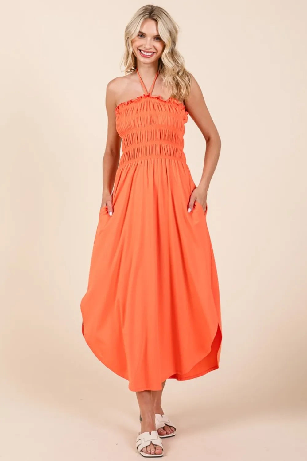 Tie-Back Shirred Dress with Pockets Vicsxox.com