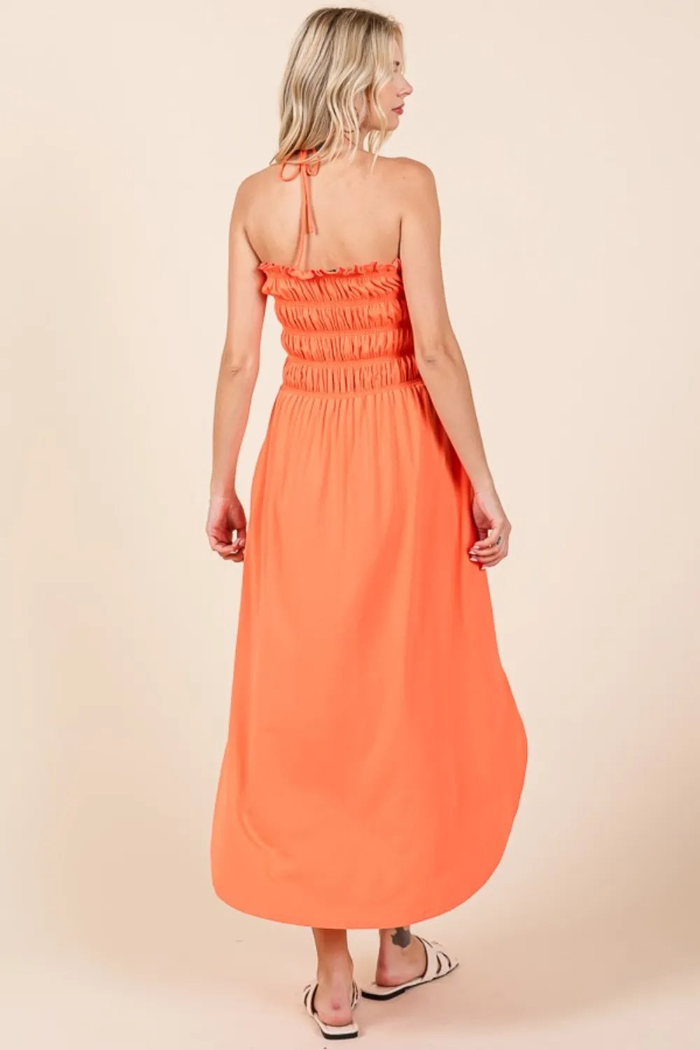 Tie-Back Shirred Dress with Pockets Vicsxox.com