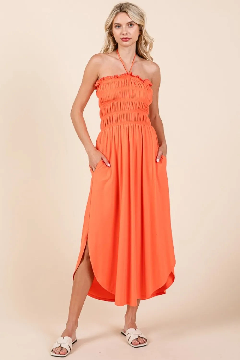 Tie-Back Shirred Dress with Pockets Vicsxox.com
