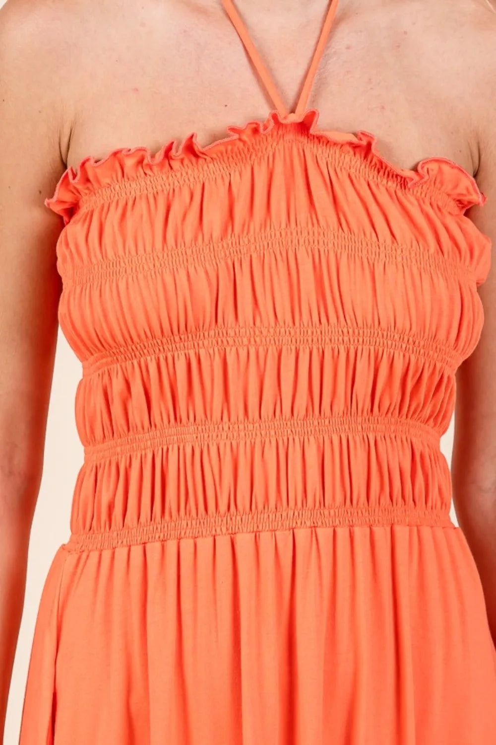 Tie-Back Shirred Dress with Pockets Vicsxox.com