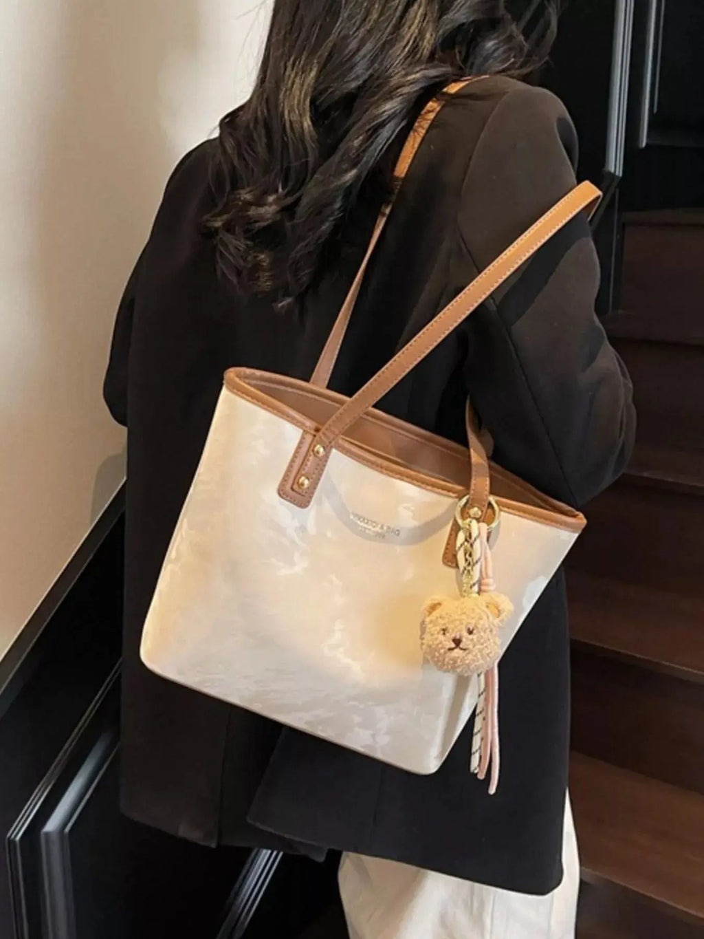 Vegan leather tote shoulder bag with plush bear charm, front view Vicsxox.com