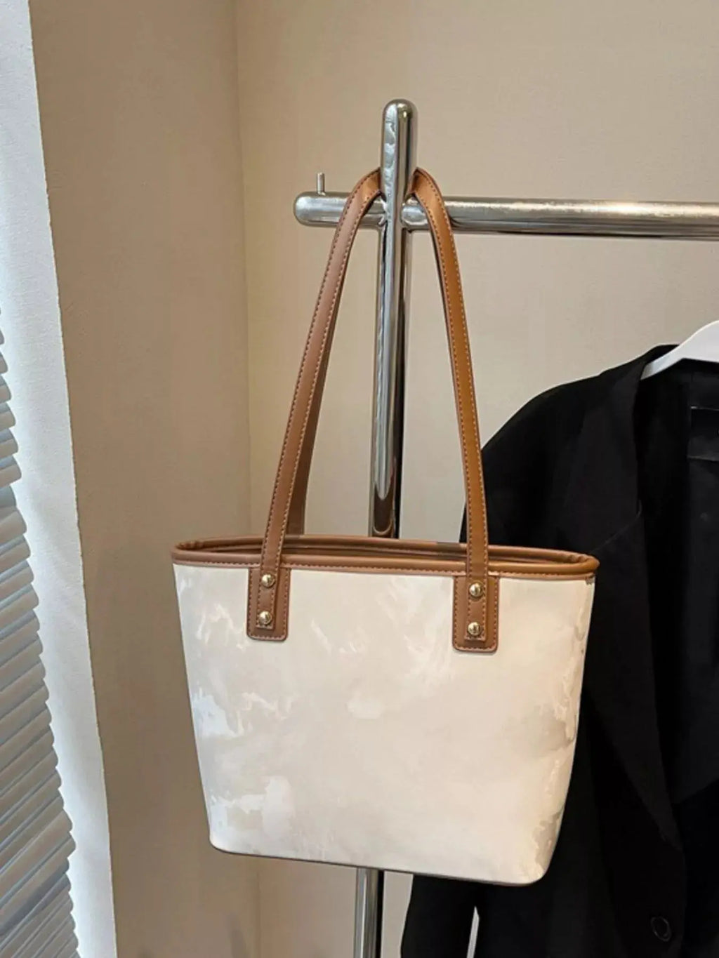 Vegan leather tote shoulder bag with plush bear charm, front view Vicsxox.com