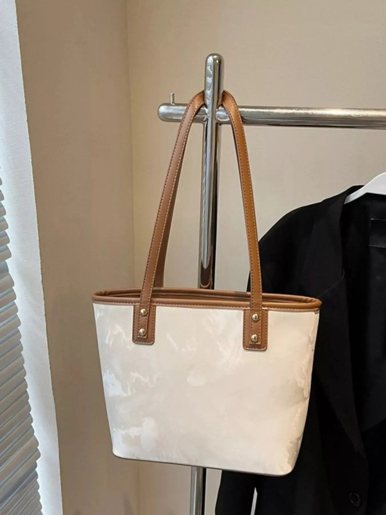 Vegan leather tote shoulder bag with plush bear charm, front view Vicsxox.com