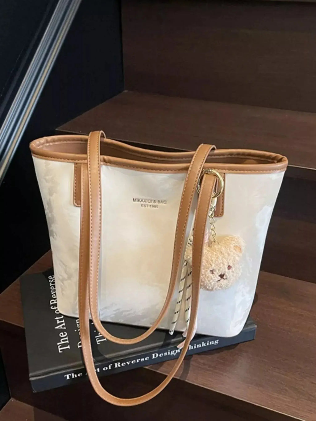 Vegan leather tote shoulder bag with plush bear charm, front view Vicsxox.com