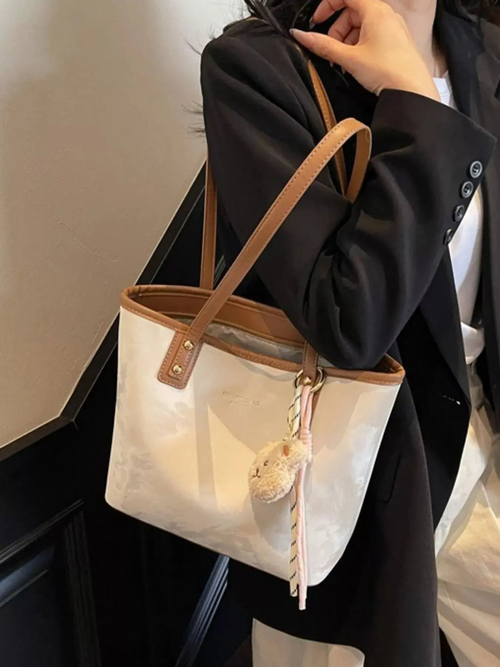 Vegan leather tote shoulder bag with plush bear charm, front view Vicsxox.com