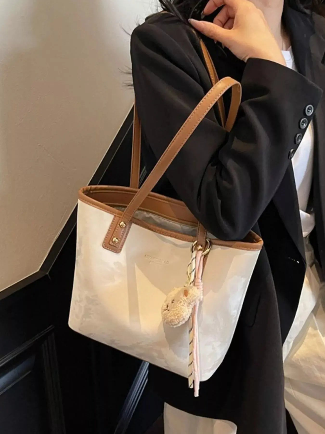 Vegan leather tote shoulder bag with plush bear charm, front view Vicsxox.com