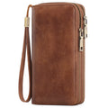 Vintage Wax Finish Double Zip Wallet Wristlet in Cognac Brown Vicsxox.com