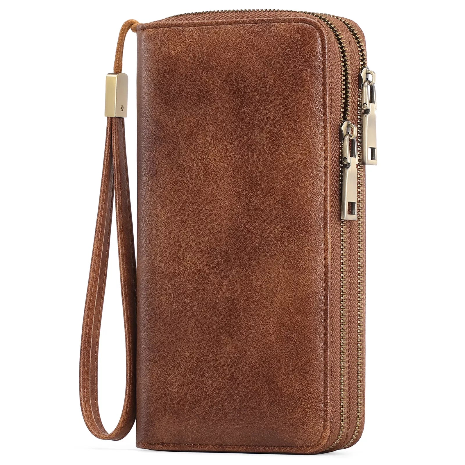 Vintage Wax Finish Double Zip Wallet Wristlet in Cognac Brown Vicsxox.com