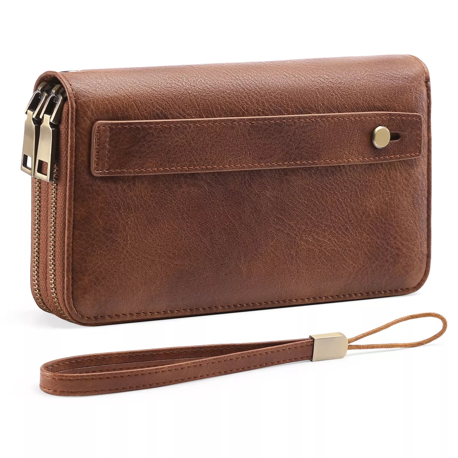 Vintage Wax Finish Double Zip Wallet Wristlet in Cognac Brown Vicsxox.com