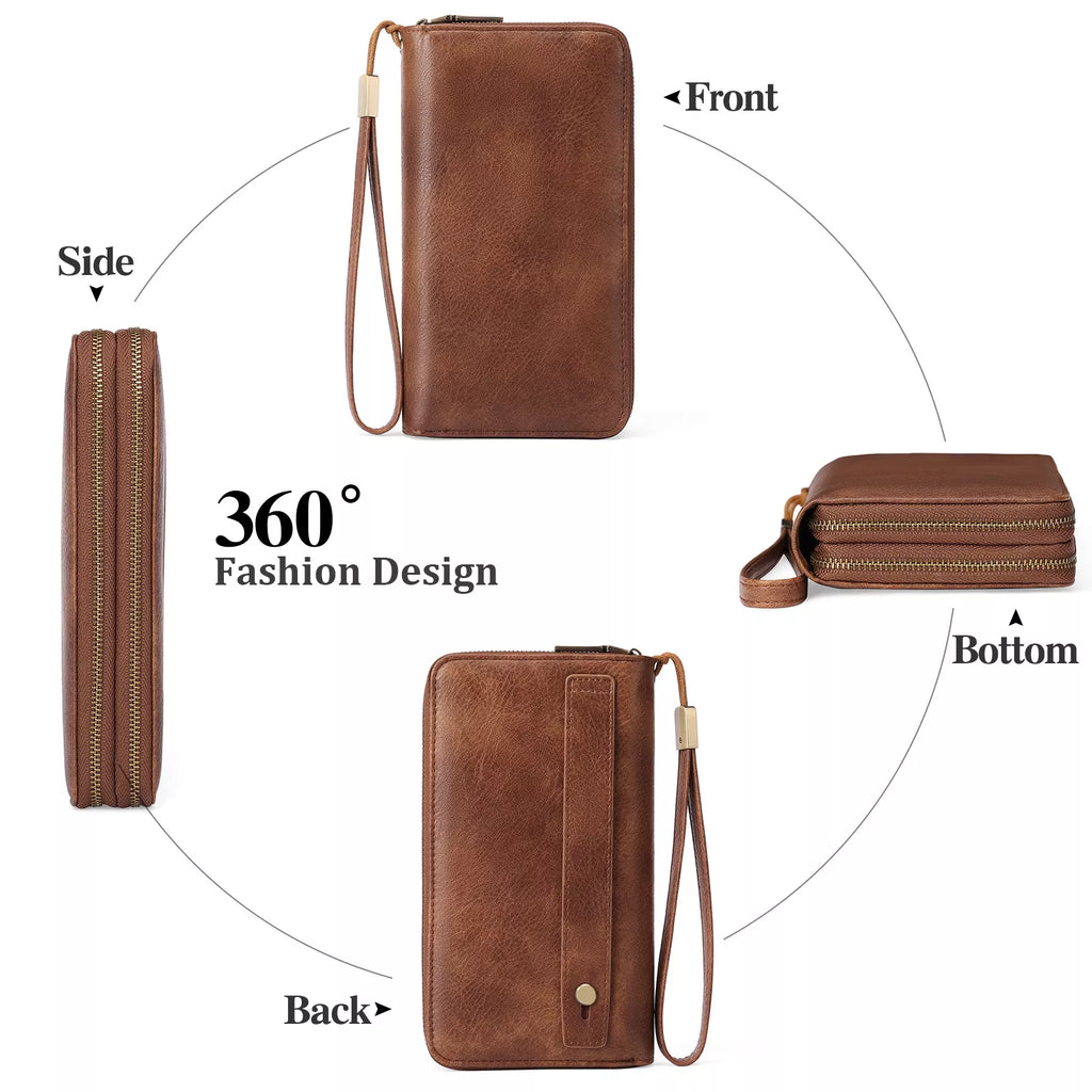 Vintage Wax Finish Double Zip Wallet Wristlet in Cognac Brown Vicsxox.com