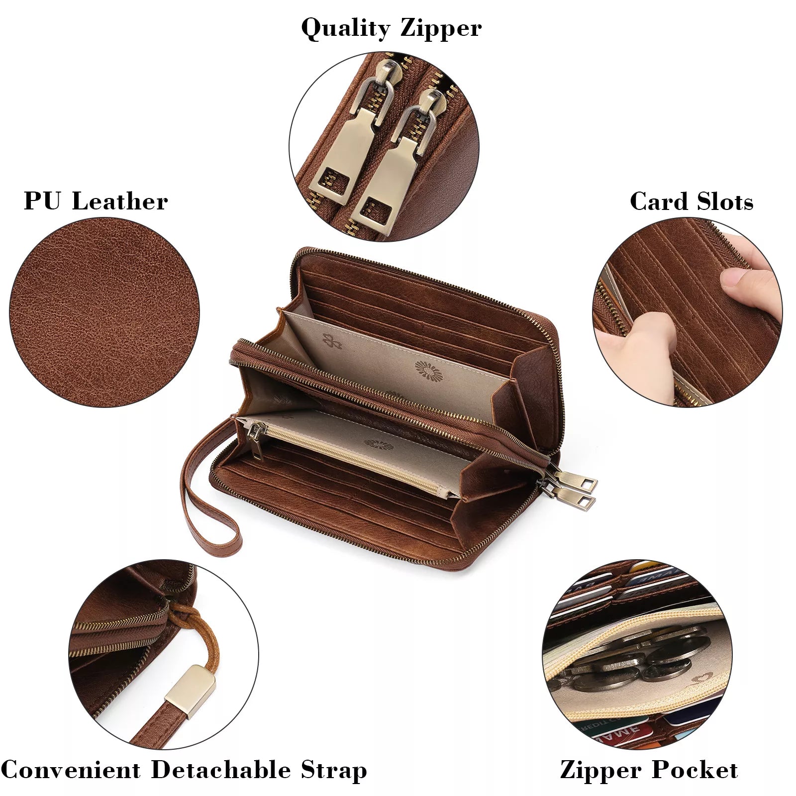 Vintage Wax Finish Double Zip Wallet Wristlet in Cognac Brown Vicsxox.com