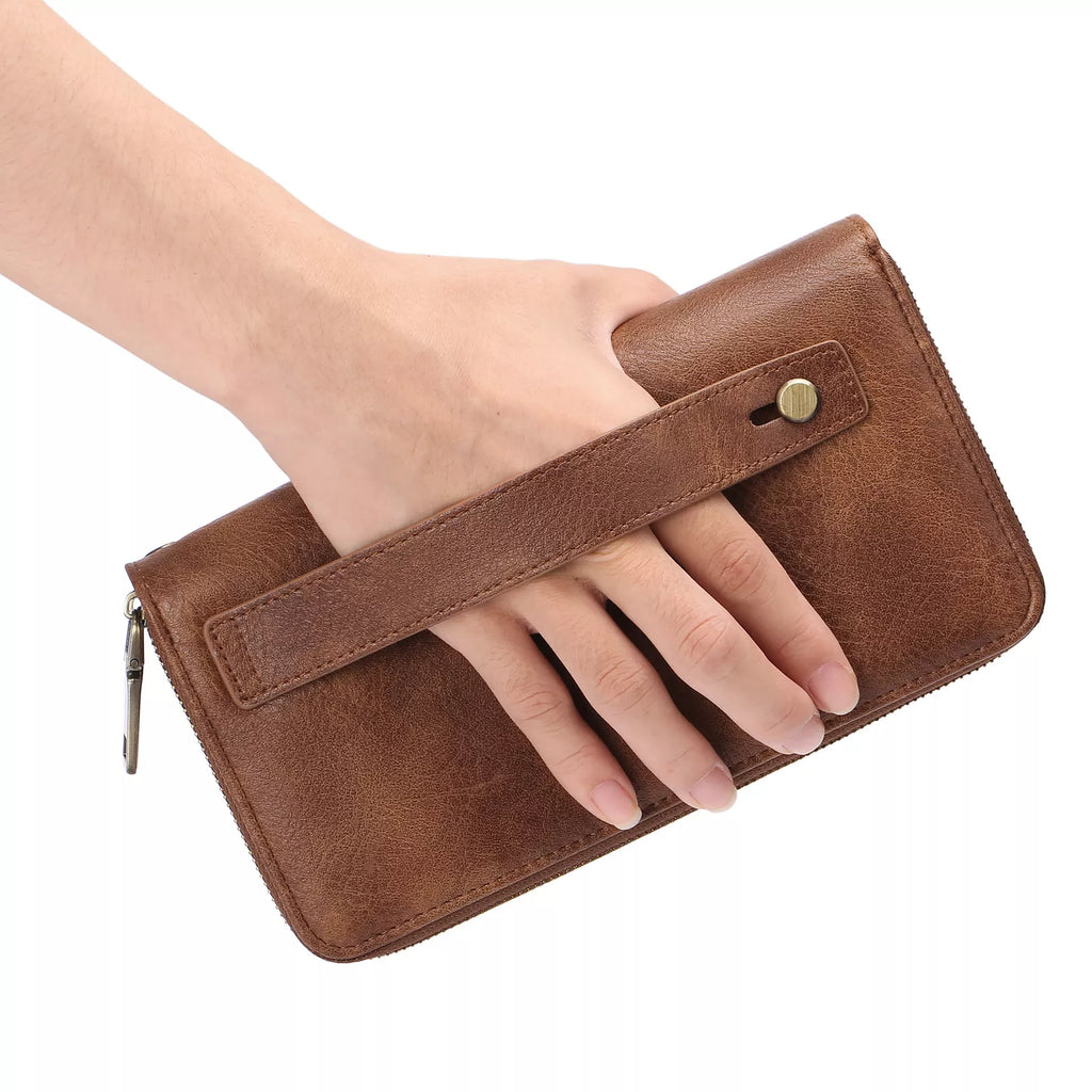 Vintage Wax Finish Double Zip Wallet Wristlet in Cognac Brown Vicsxox.com