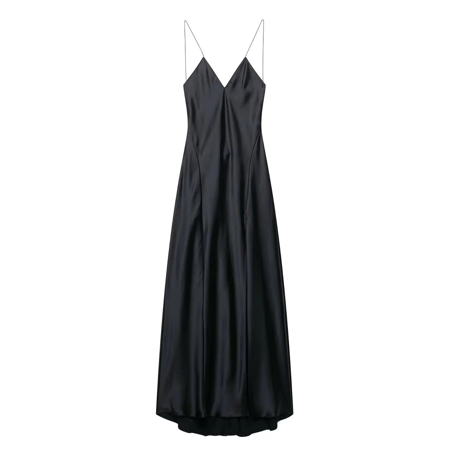 Women's Black Satin Slip Maxi Dress – V-Neck Backless Formal Gown Vicsxox.com