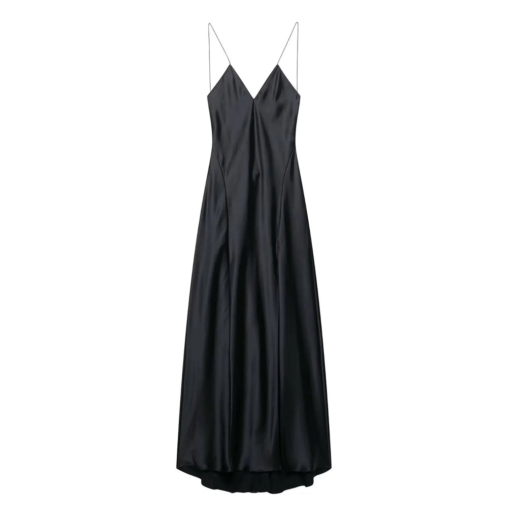 Women's Black Satin Slip Maxi Dress – V-Neck Backless Formal Gown Vicsxox.com