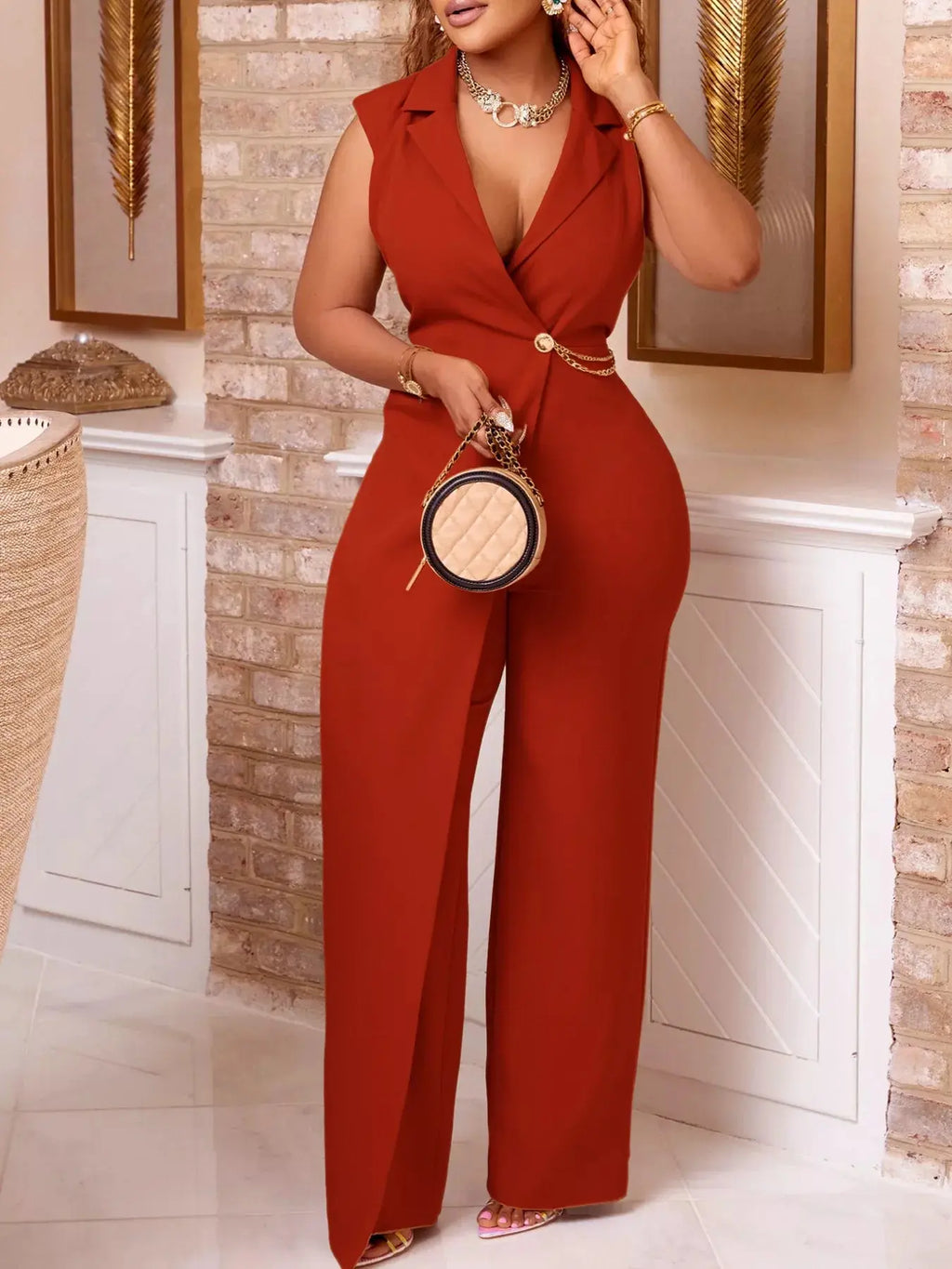Women's Blazer Jumpsuit – Wide Leg, Sleeveless, Plus Size Vicsxox.com