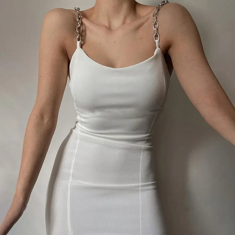 Women's Chain Strap Bodycon Midi Dress – Side Split, 3 Colors Vicsxox.com