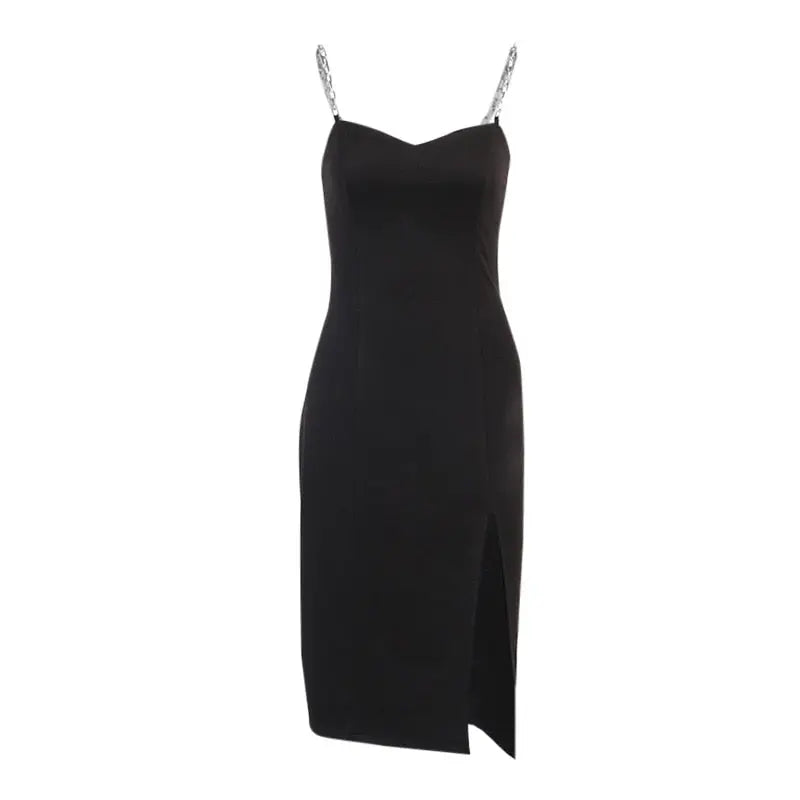 Women's Chain Strap Bodycon Midi Dress – Side Split, 3 Colors Vicsxox.com