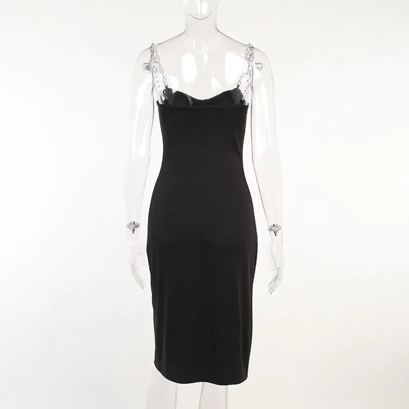 Women's Chain Strap Bodycon Midi Dress – Side Split, 3 Colors Vicsxox.com