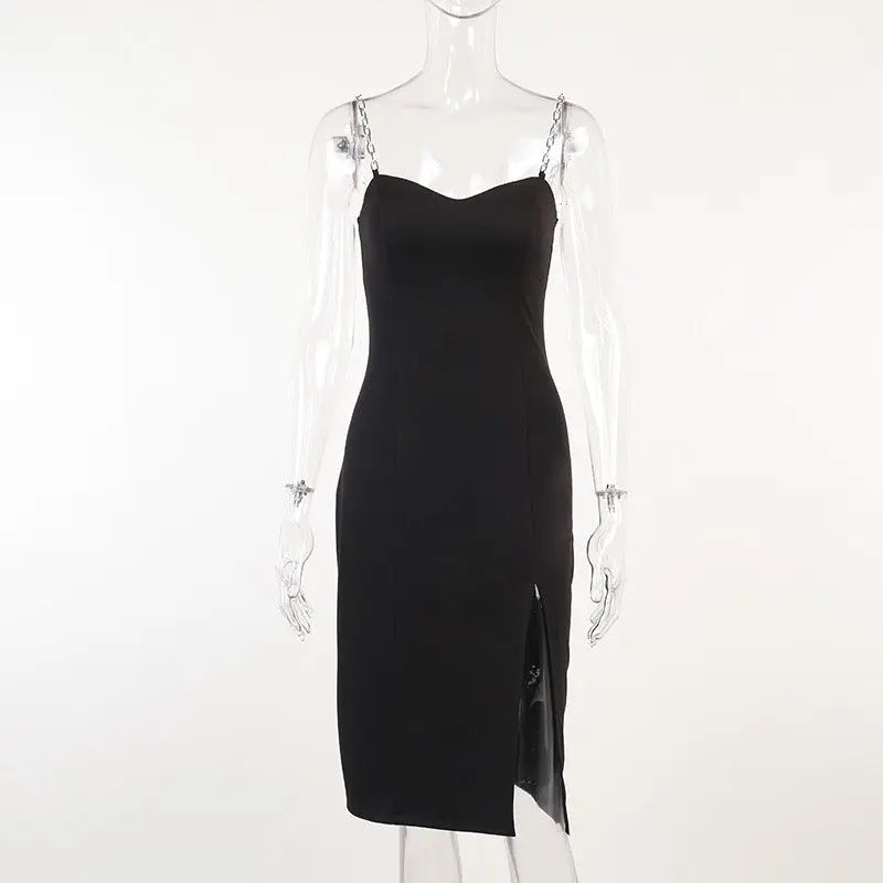 Women's Chain Strap Bodycon Midi Dress – Side Split, 3 Colors Vicsxox.com
