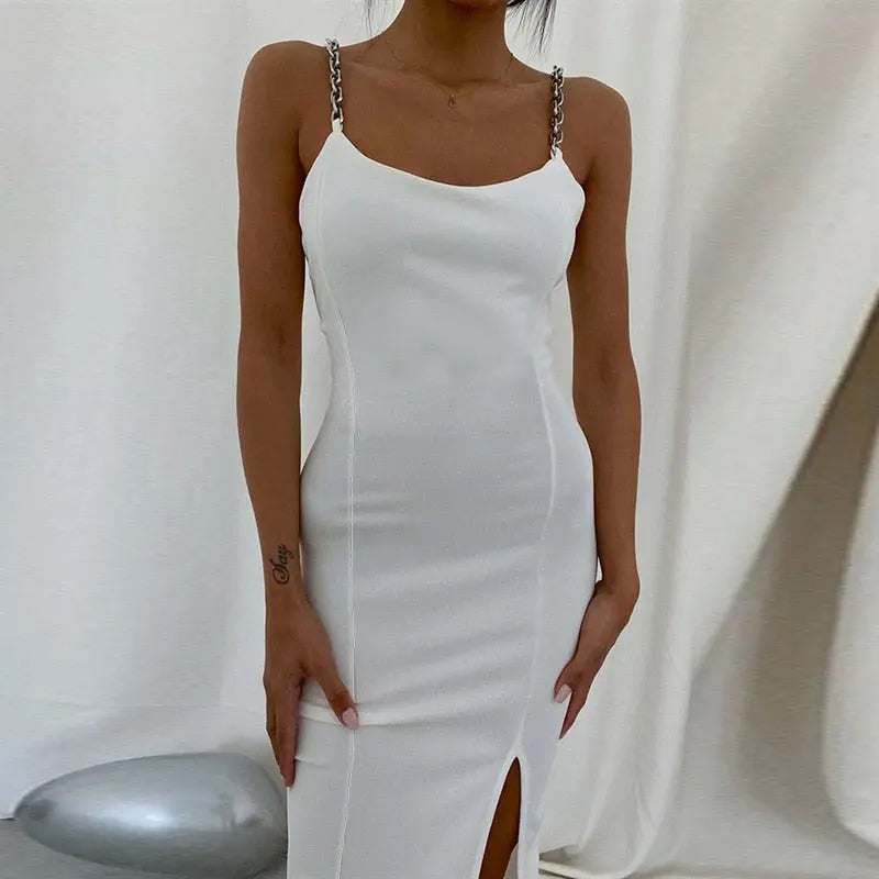 Women's Chain Strap Bodycon Midi Dress – Side Split, 3 Colors Vicsxox.com