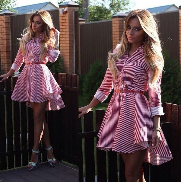 Women's Long Sleeve Striped Shirt Dress – Irregular Hem, Lace Detail | S–XL Vicsxox.com