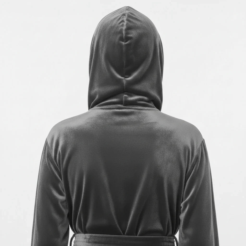 Person wearing a dark gray hoodie with the hood up on a light gray background. Vicsxox.com