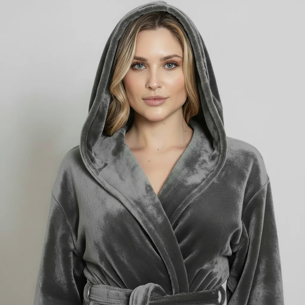 A woman wearing a plush gray hooded robe with a tie belt, photographed against a plain light gray studio background. Vicsxox.com