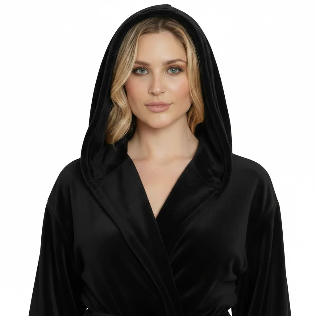 Woman wearing a black hooded robe on a white background. Vicsxox.com