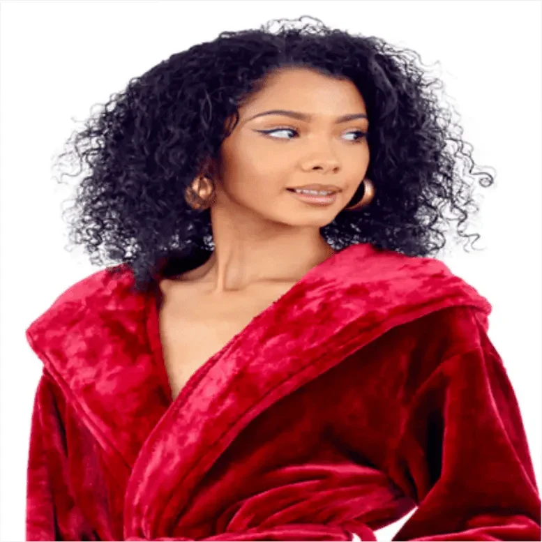 Woman wearing a red robe with a plain background. Vicsxox.com