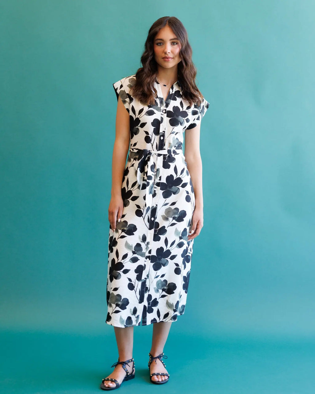 Women's Quintessential Midi Dress – Shadow Blossom Floral Print | Collared Button-Down Tie Waist, XS–XXL Vicsxox.com
