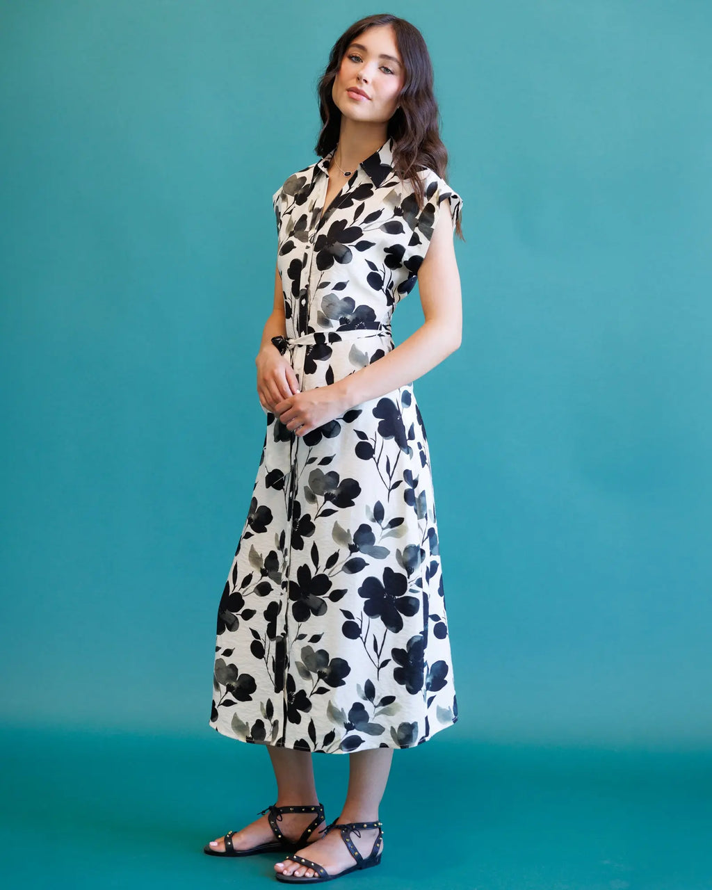 Women's Quintessential Midi Dress – Shadow Blossom Floral Print | Collared Button-Down Tie Waist, XS–XXL Vicsxox.com