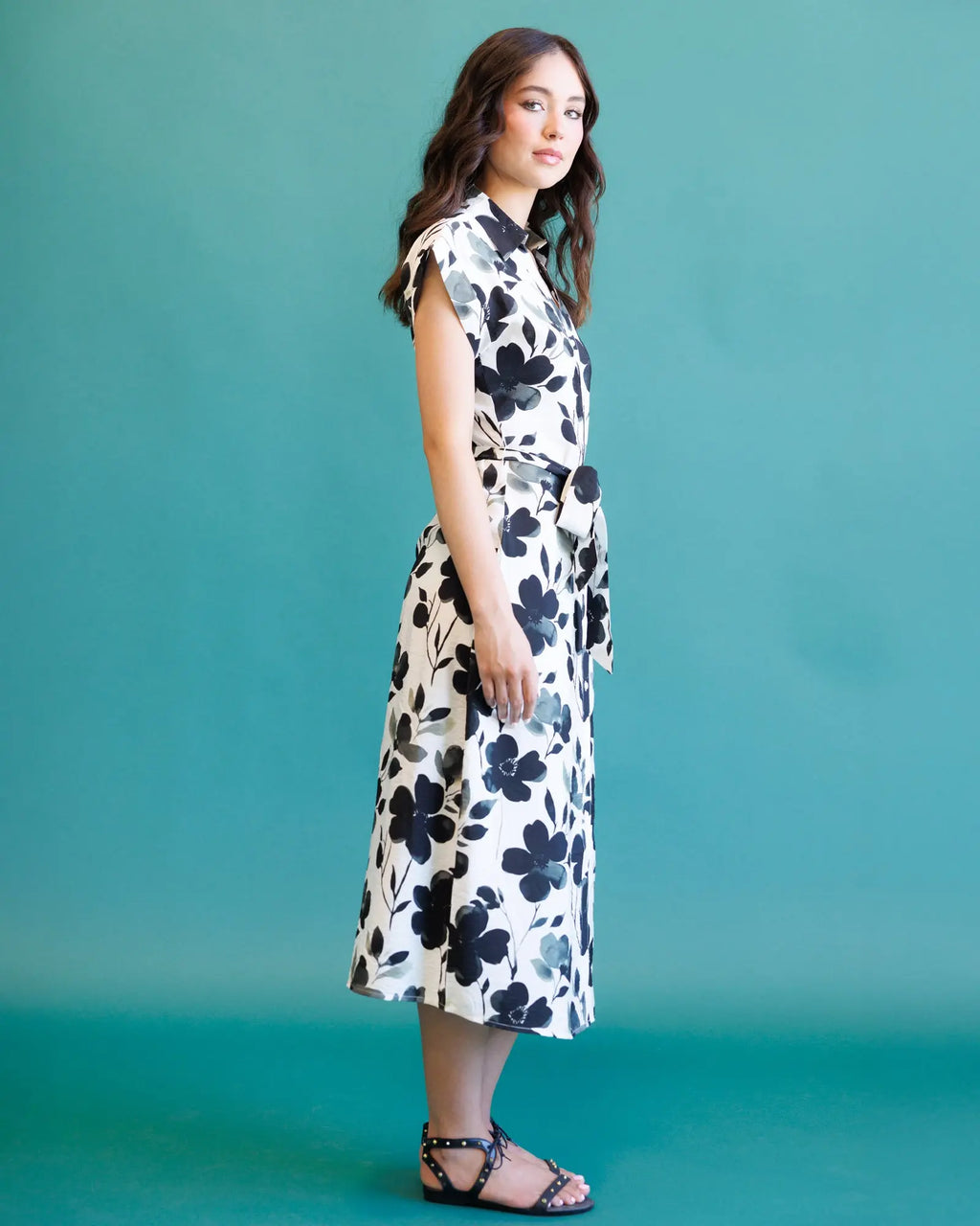 Women's Quintessential Midi Dress – Shadow Blossom Floral Print | Collared Button-Down Tie Waist, XS–XXL Vicsxox.com