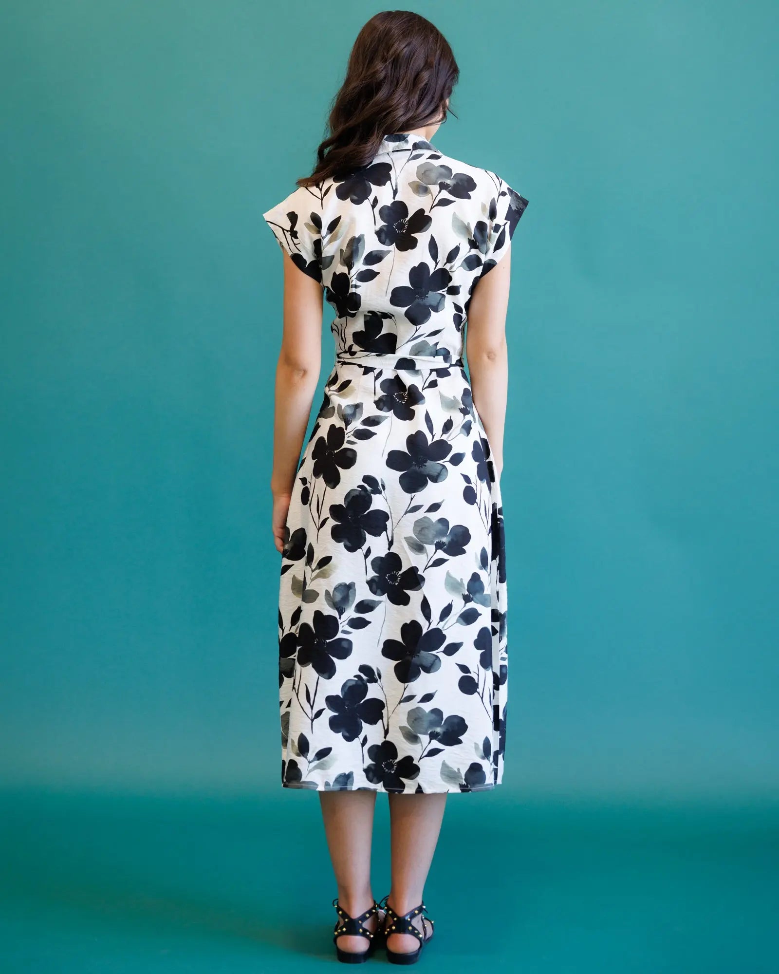 Women's Quintessential Midi Dress – Shadow Blossom Floral Print | Collared Button-Down Tie Waist, XS–XXL Vicsxox.com