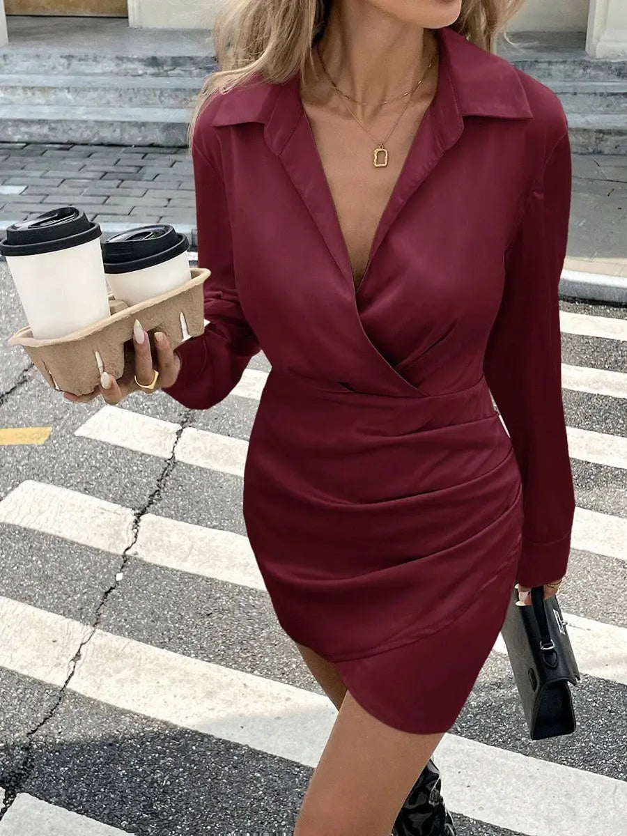 Women's Satin Open-Back Mini Dress – Collared Long Sleeve Ruched Bodycon Vicsxox.com