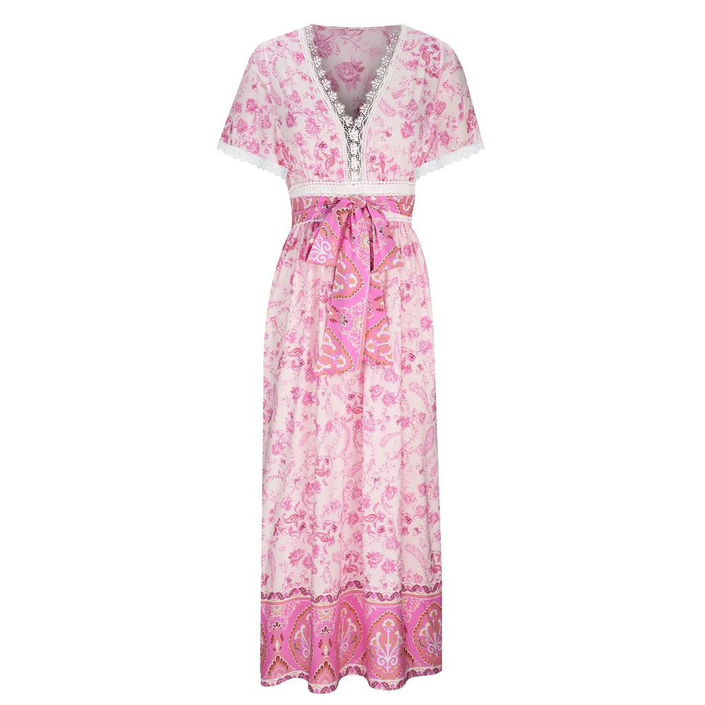 Women's Short Sleeve Lace Trim Tie-Waist Bohemian Dress Vacation Beach Dress Floral Vicsxox.com