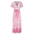 Women's Short Sleeve Lace Trim Tie-Waist Bohemian Dress Vacation Beach Dress Floral Vicsxox.com