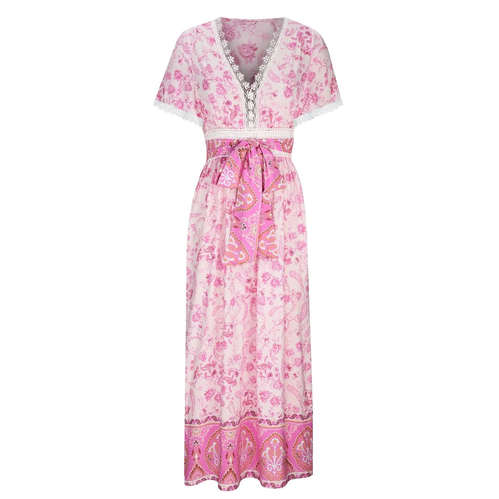 Women's Short Sleeve Lace Trim Tie-Waist Bohemian Dress Vacation Beach Dress Floral Vicsxox.com