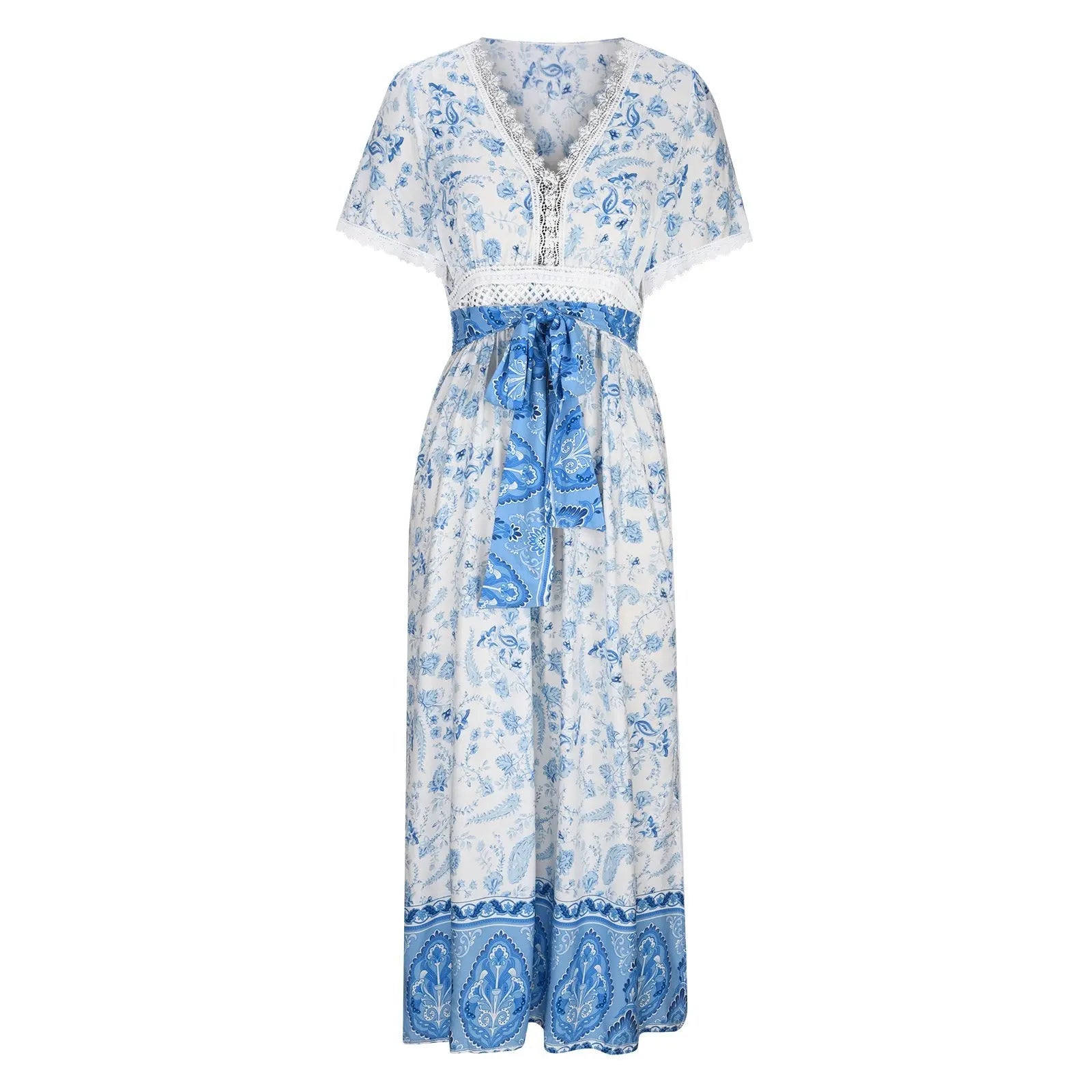 Women's Short Sleeve Lace Trim Tie-Waist Bohemian Dress Vacation Beach Dress Floral Vicsxox.com