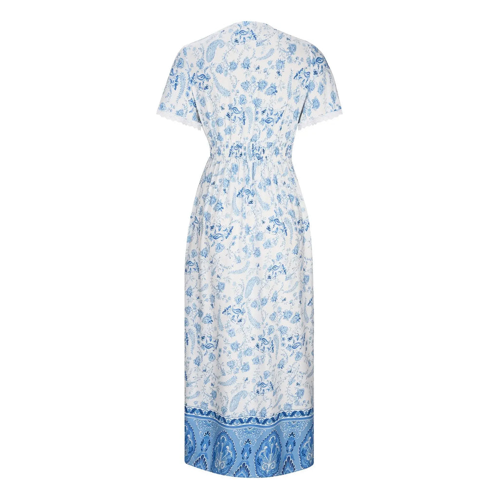 Women's Short Sleeve Lace Trim Tie-Waist Bohemian Dress Vacation Beach Dress Floral Vicsxox.com
