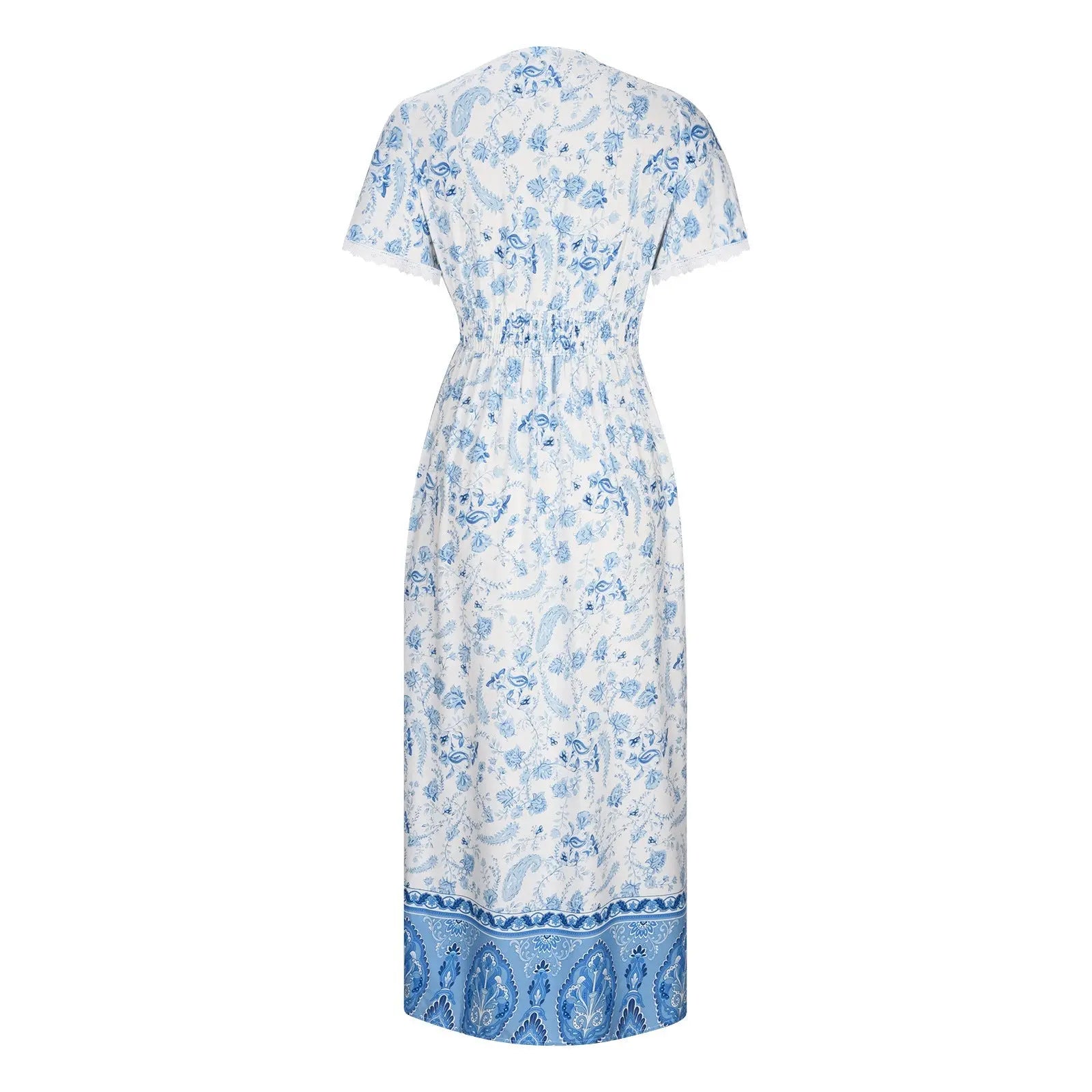 Women's Short Sleeve Lace Trim Tie-Waist Bohemian Dress Vacation Beach Dress Floral Vicsxox.com