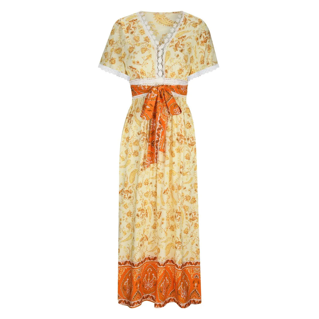 Women's Short Sleeve Lace Trim Tie-Waist Bohemian Dress Vacation Beach Dress Floral Vicsxox.com