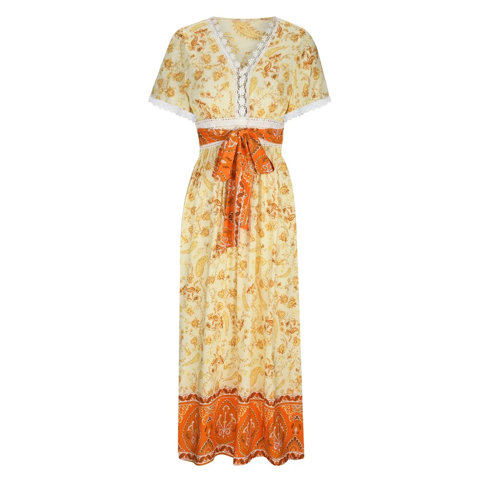Women's Short Sleeve Lace Trim Tie-Waist Bohemian Dress Vacation Beach Dress Floral Vicsxox.com