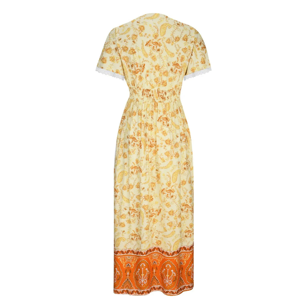 Women's Short Sleeve Lace Trim Tie-Waist Bohemian Dress Vacation Beach Dress Floral Vicsxox.com