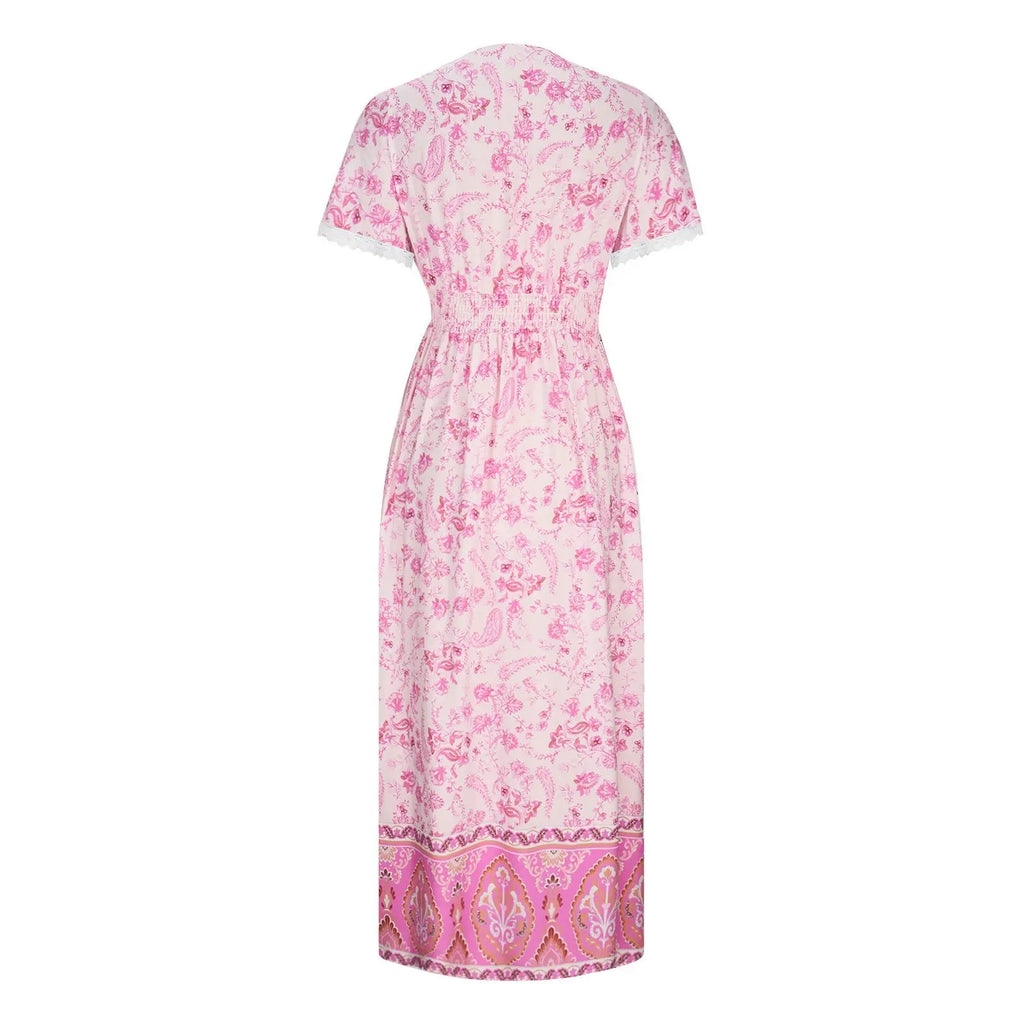 Women's Short Sleeve Lace Trim Tie-Waist Bohemian Dress Vacation Beach Dress Floral Vicsxox.com