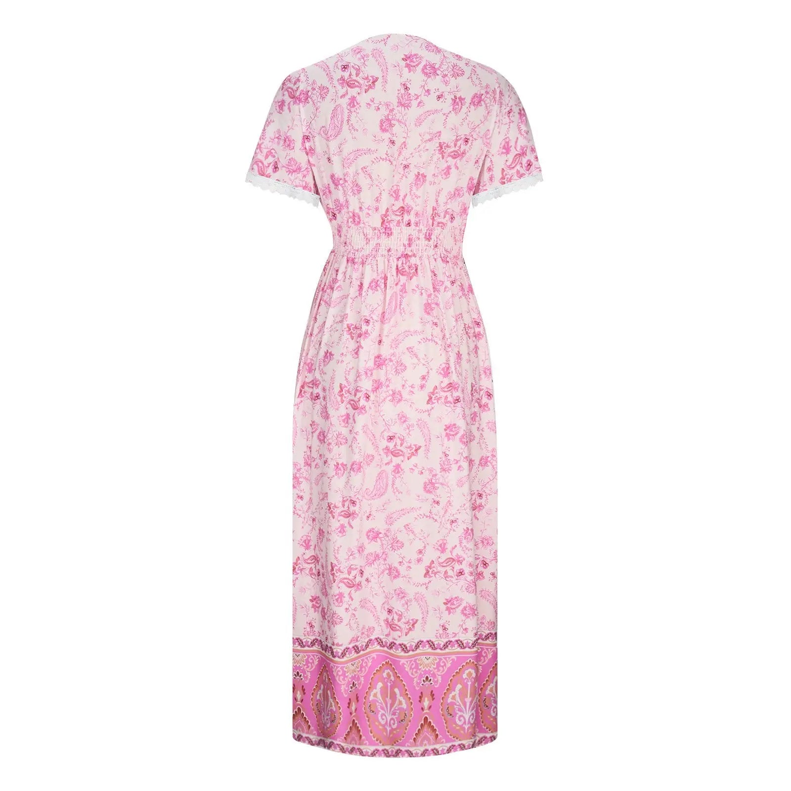 Women's Short Sleeve Lace Trim Tie-Waist Bohemian Dress Vacation Beach Dress Floral Vicsxox.com