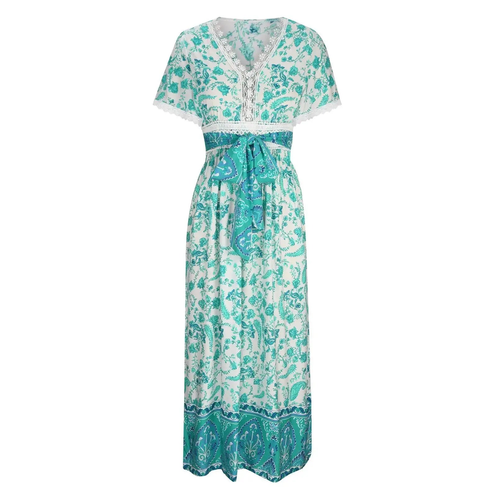 Women's Short Sleeve Lace Trim Tie-Waist Bohemian Dress Vacation Beach Dress Floral Vicsxox.com