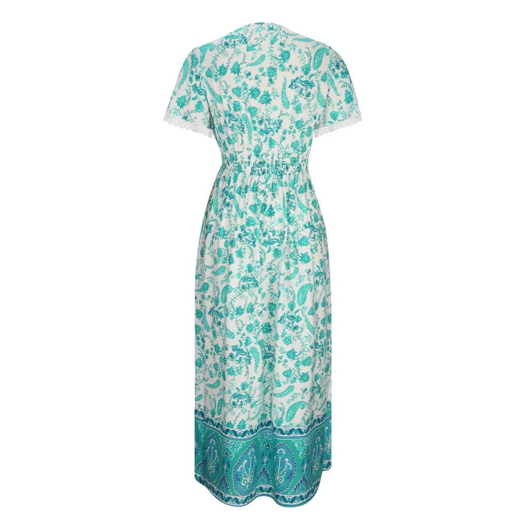 Women's Short Sleeve Lace Trim Tie-Waist Bohemian Dress Vacation Beach Dress Floral Vicsxox.com