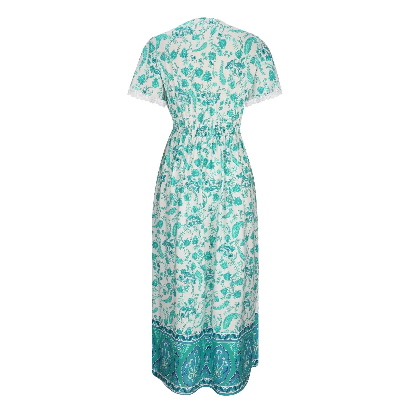 Women's Short Sleeve Lace Trim Tie-Waist Bohemian Dress Vacation Beach Dress Floral Vicsxox.com
