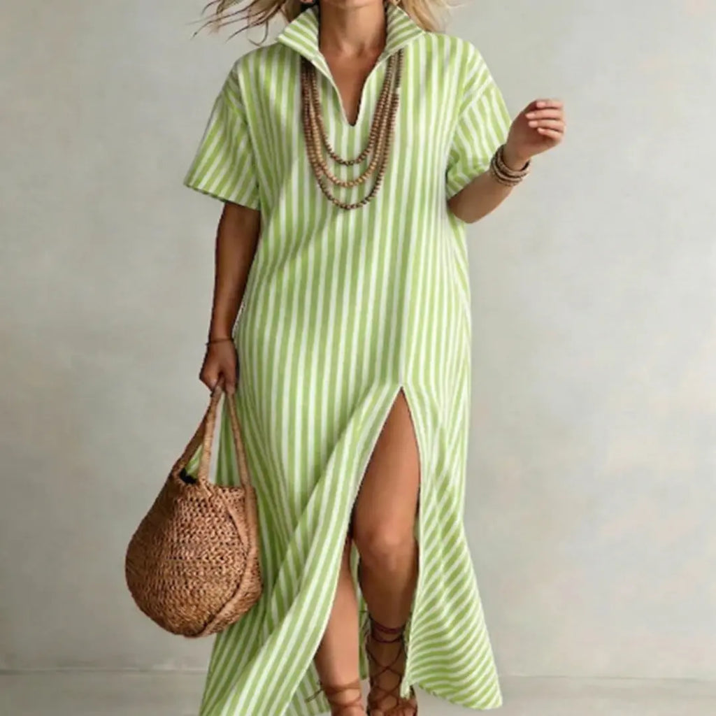 Women's Striped Slit Maxi Dress – V-Neck, Boho Flowy Summer Vicsxox.com
 
