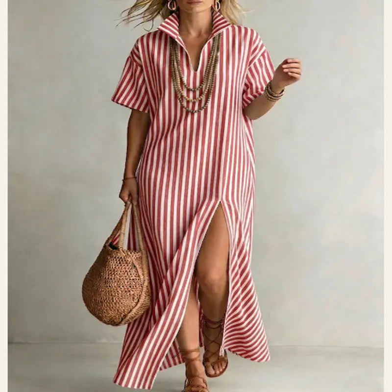 Women's Striped Slit Maxi Dress – V-Neck, Boho Flowy Summer Vicsxox.com